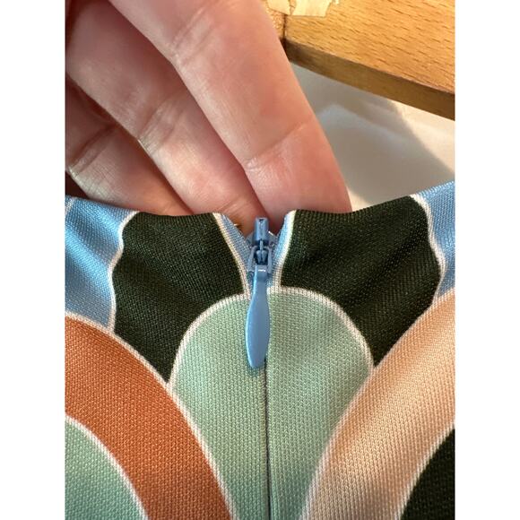 Cara Cara Multicolor Geometric Print Midi Dress with Blue Fringe Hem Size Small - Picture 9 of 10